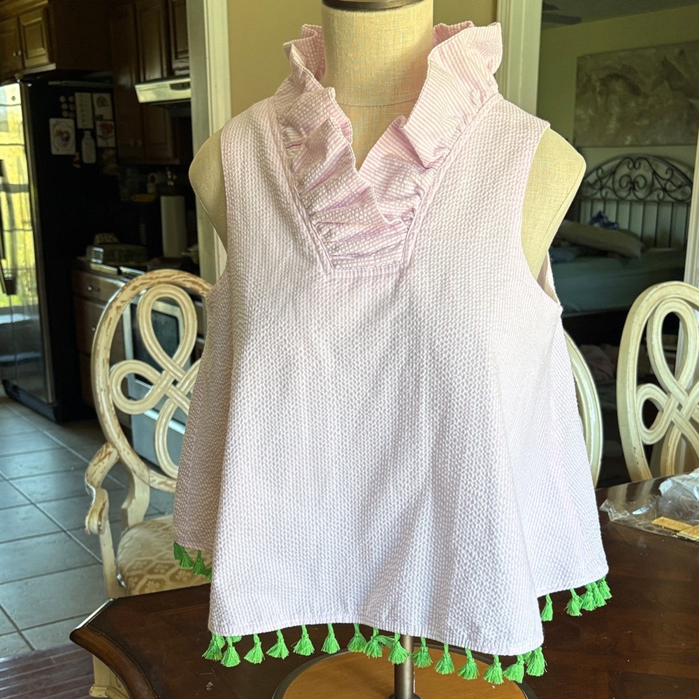 Elizabeth Wilson Light Pink White Ruffled  Sleeveless Seer Sucker top tassels